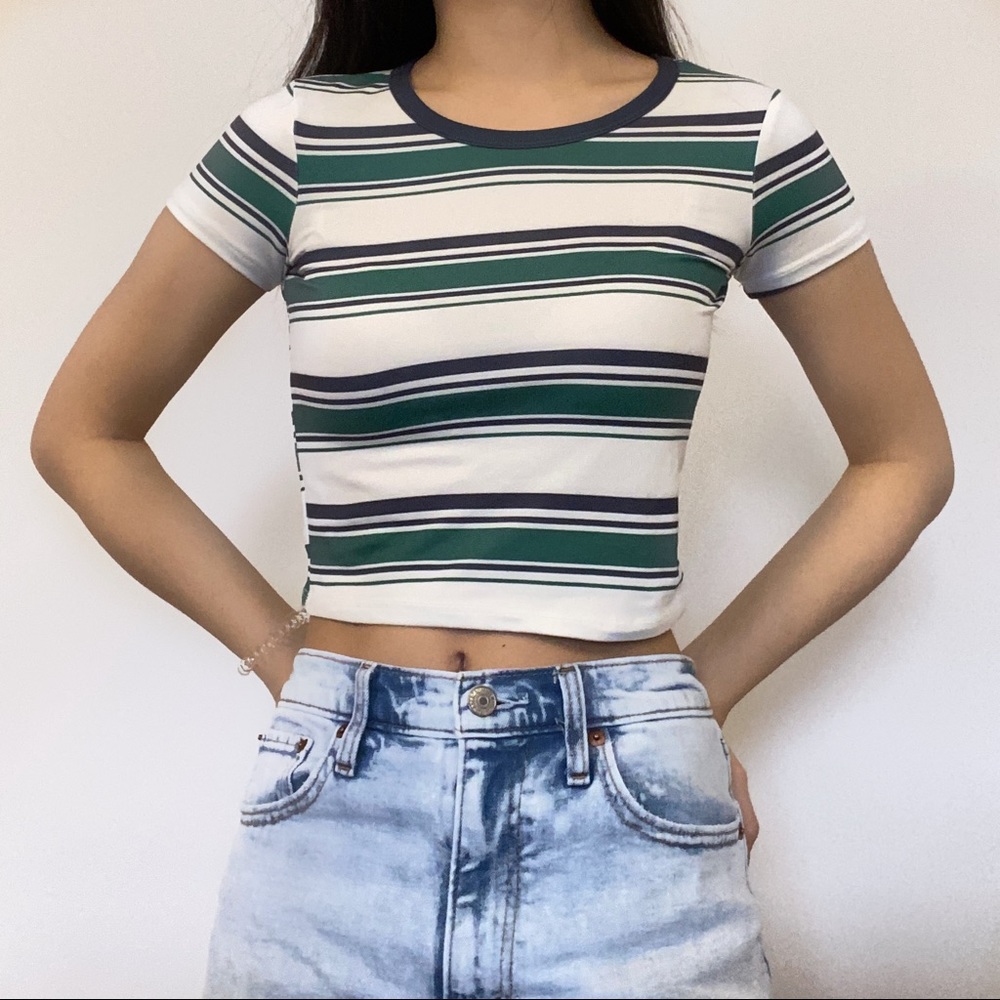 White and green striped baby tee